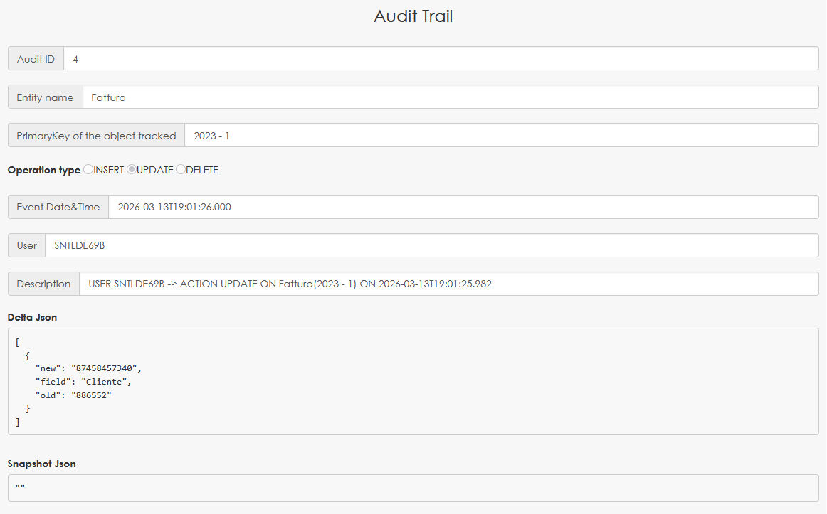 Audit Trail event detail showing delta and snapshot