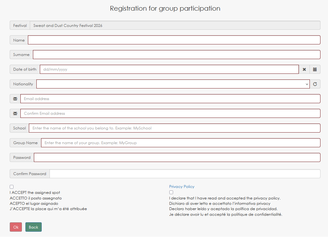 Participant registration form